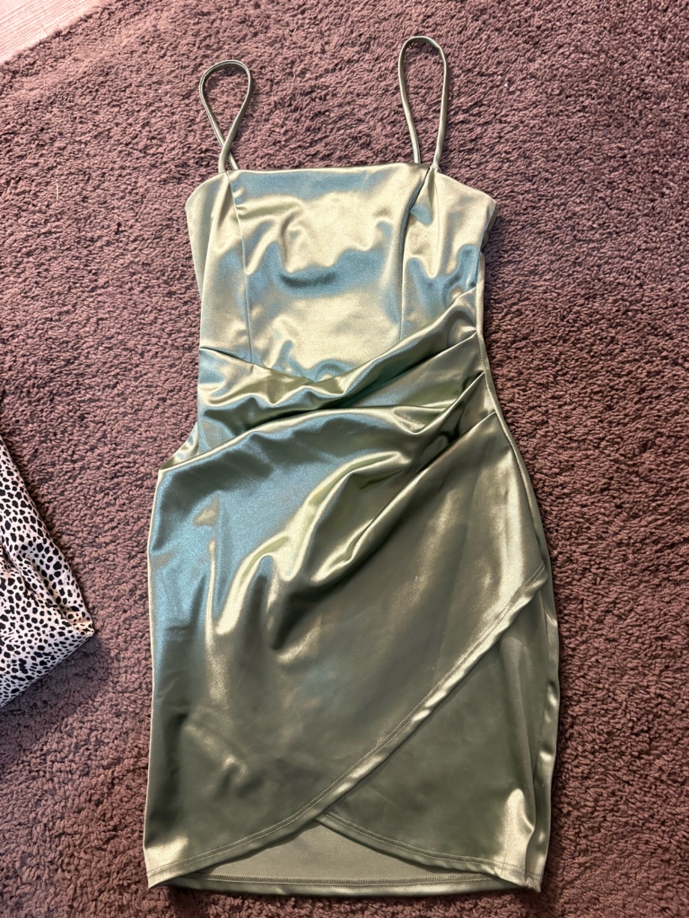 Windsor Olive Green Satin Spaghetti Strap Mini Dress